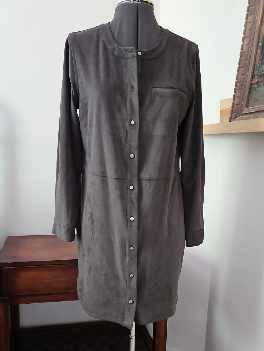 Two by Vince Camuto Charcoal Button-Front Suede Trench Dress
